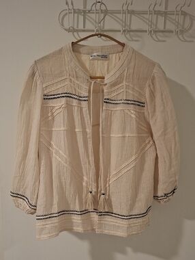 Little Mountain Ivory & Black Cotton/Linen Tie-front Boho Blouse/Jacket (Size S)